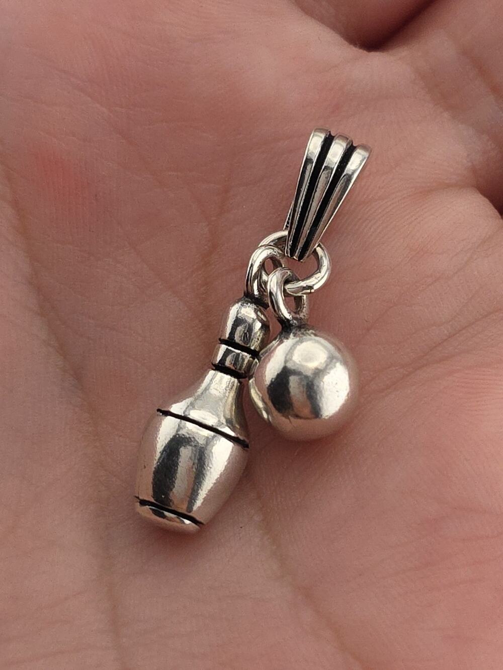 Sterling Silver 925 Bowling Bowl And Bowling Pin Pendant